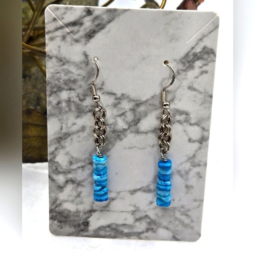 "5/$25" Turquoise Blue Shell Chip Mixed Metal Dangle Earrings Sterling Ear Hooks